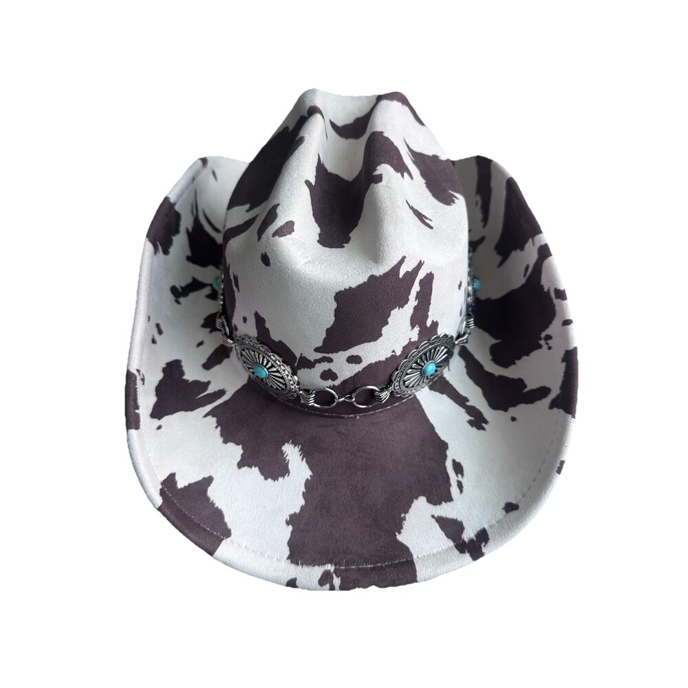 Illuma Cow Print Faux Suede Western Cowboy Hat Silver Concho Chain Band Rodeo